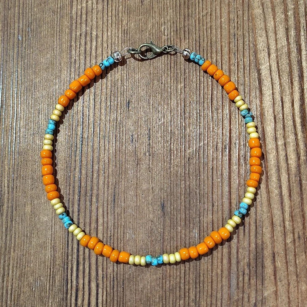 Orange and Turquoise Beaded Bracelet, Handmade Men's Bracelet 9 Inches Long - Picture 3 of 6